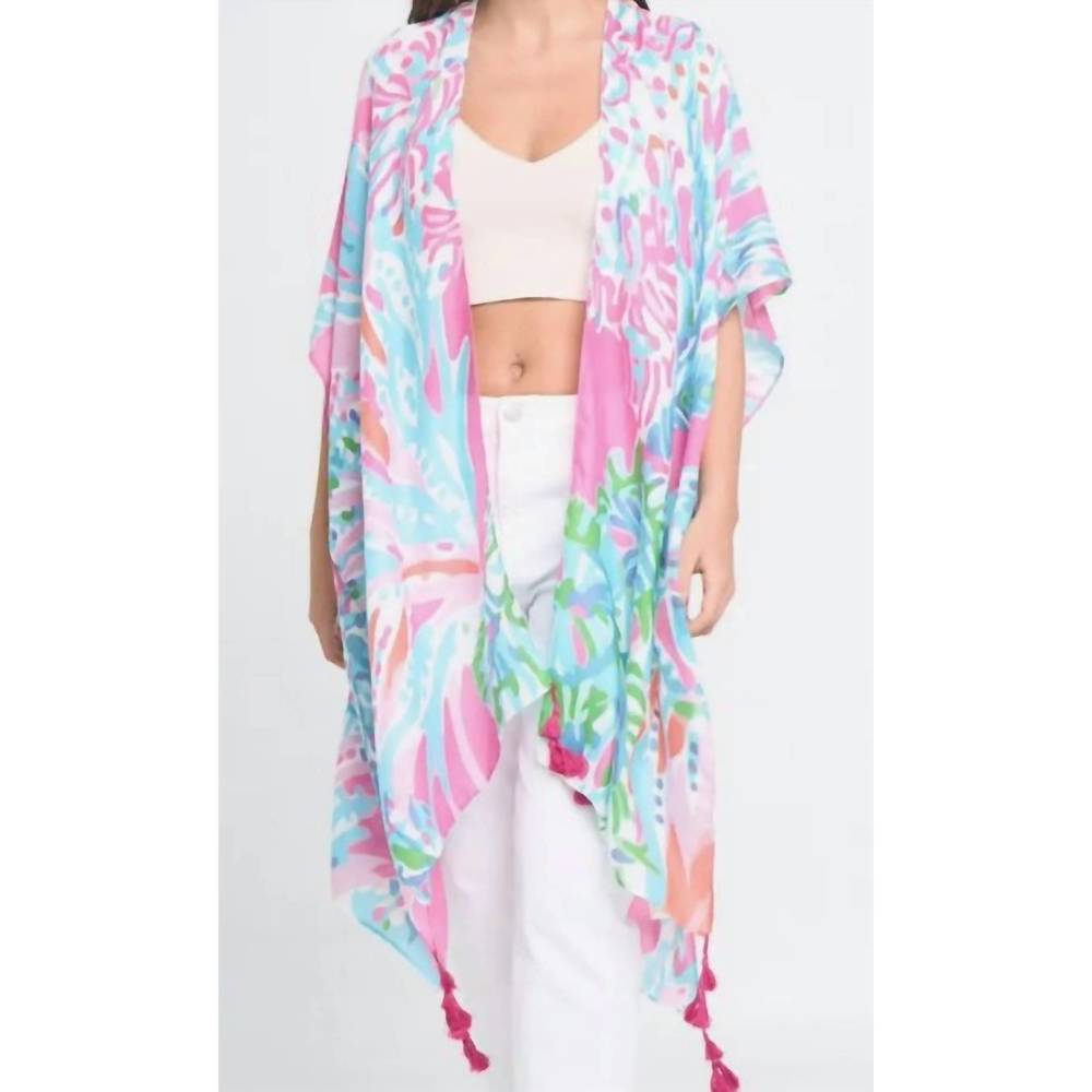 NEW ELLISON+YOUNG lily island watercolor boho kimono wrap shawl cover up in pink